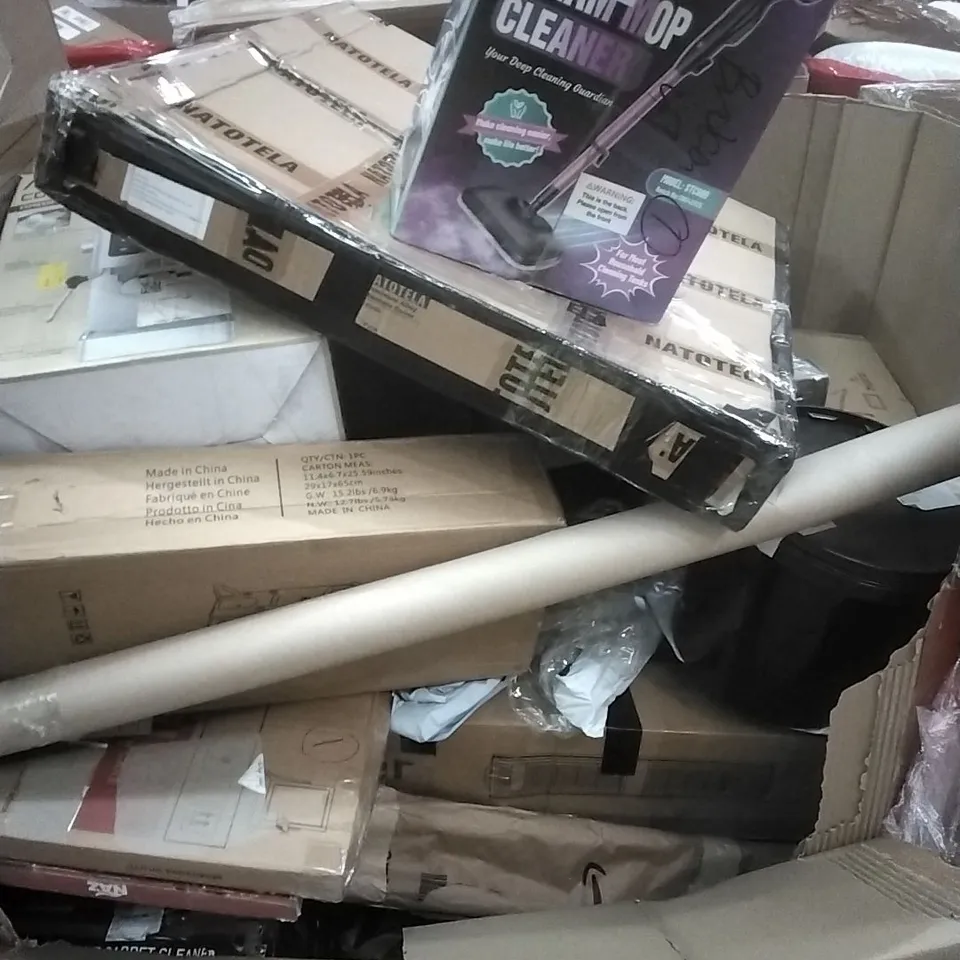PALLET OF ASSORTED HOUSEHOLD GOODS AND PRODUCTS TO INCLUDE; STEAM MOP, EXTRA TALL GATE, COFFEE MAKER, BOXED FURNITURE ETC