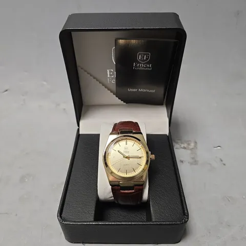  ERNEST FERDINAND WATCH – DAY DATE CALENDAR DIAL – LEATHER STRAP – 3ATM WATER RESISTANT