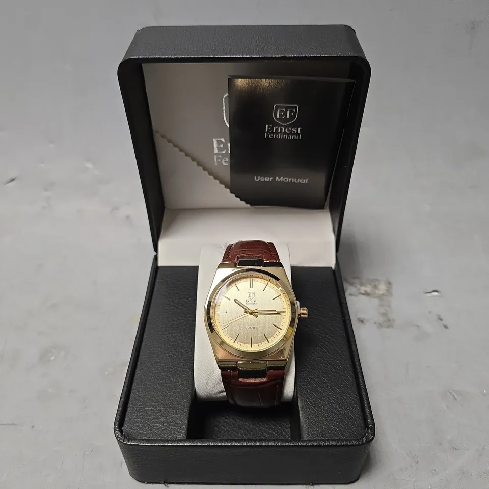 ERNEST FERDINAND WATCH – DAY DATE CALENDAR DIAL – LEATHER STRAP – 3ATM WATER RESISTANT