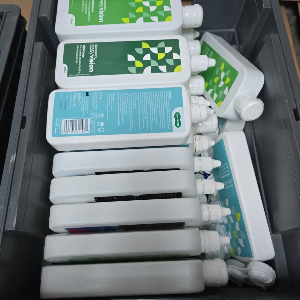 TOTE OF APPROXIMATELY 20 ASSORTED CONTACT LENS SOLUTIONS