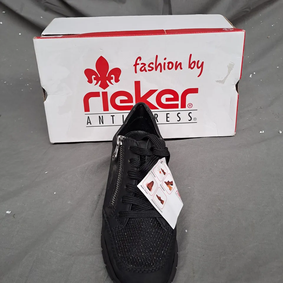 BOXED PAIR OF RIEKER WEDGE TRAINERS IN BLACK, UK SIZE 5
