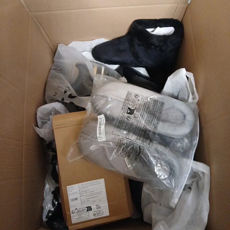 BOX OF APPROXIMATELY 20 ASSORTED PAIRS OF SHOES AND FOOTWEAR ITEMS IN VARIOUS COLOURS, STYLES, AND SIZES