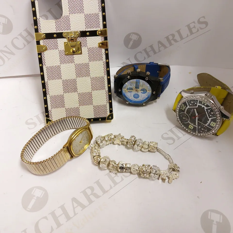 LOT OF 5 ITEMS INCLUDING 3 HAND WATCHES, BRACELET, LOUIS VUITTON PHONE CASE