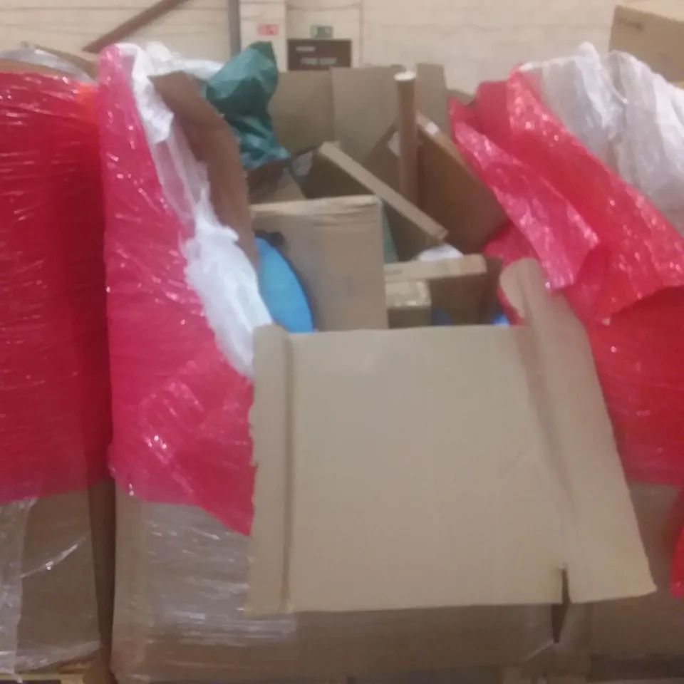 PALLET OF ASSORTED HOUSEHOLD PRODUCTS AND ITEMS, INCLUDING; INSECT ZAPPER, FOOD PROCESSOR, HEATED BLANKET, OIL FILLED RADIATOR, TOILET SEAT, BOXED FURNITURE ETC 