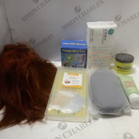 LOT OF ASSORTED COSMETIC ITEMS TO INCLUDE WIGS, MINI FANS AND EAR CANDLES