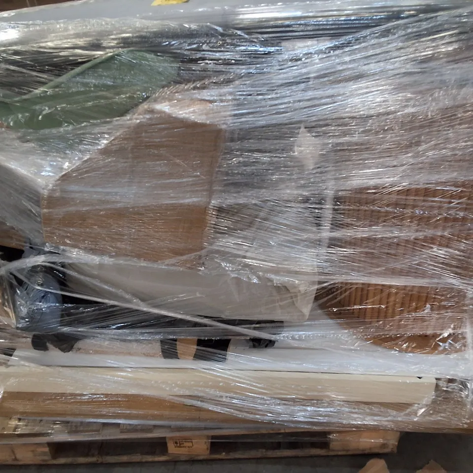 PALLET OF ASSORTED FURNITURE PARTS AND ITEMS TO INCLUDE WOODEN STOOL AND TABLE, SOFA PARTS AND DINING TABLE TOP