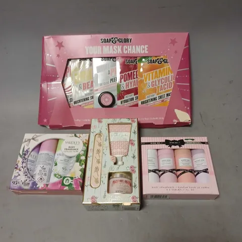 LOT OF 4 ASSORTED COSMETIC BOXSETS TO INCLUDE - SOAP&GLORY YOUR MASK CHANCE SET - BAYLIS & HARDING ROYALE GARDEN LUXURY MANICURE KIT - YARDLEY BODY FRAGRANCE COLLECTION - ETC