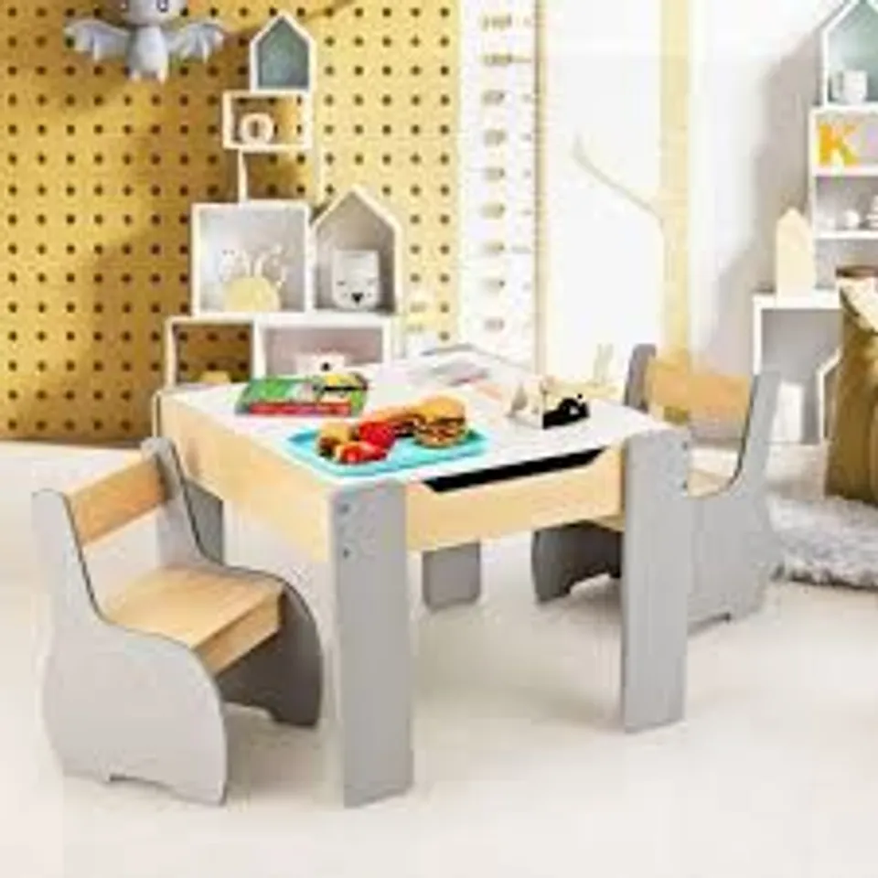 BOXED COSTWAY KIDS TABLE AND CHAIR SET WITH REMOVABLE CHALKBOARD STORAGE, 3 PCS FURNITURE SET FOR BOYS AND GIRLS - GREY