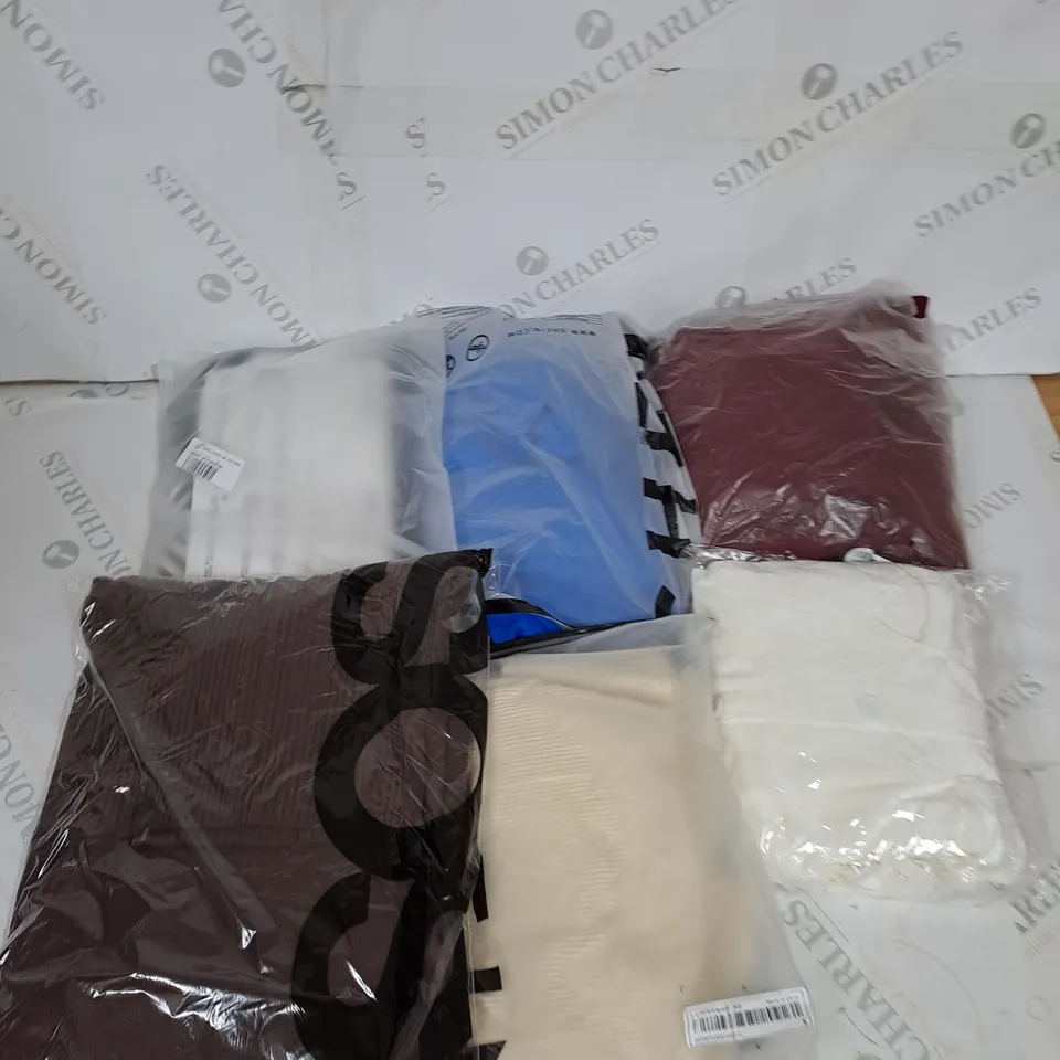 LARGE BOX OF ASSORTED CLOTHING ITEMS IN VARIOUS COLOURS AND SIZES INCLUDING TROUSERS , TOPS AND JUMPERS 