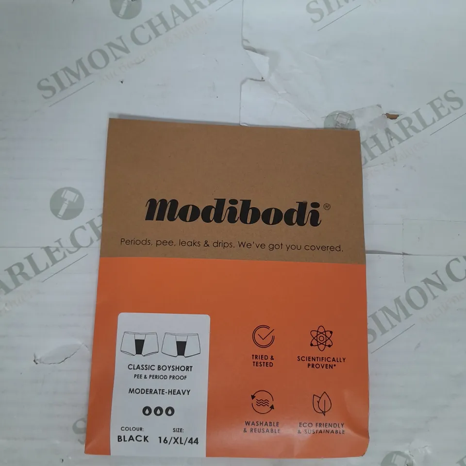 MODIBODI PERIOD UNDERWEAR CLASSIC BOYSHORT MODERATE-HEAVY IN BLACK SIZE 16/XL