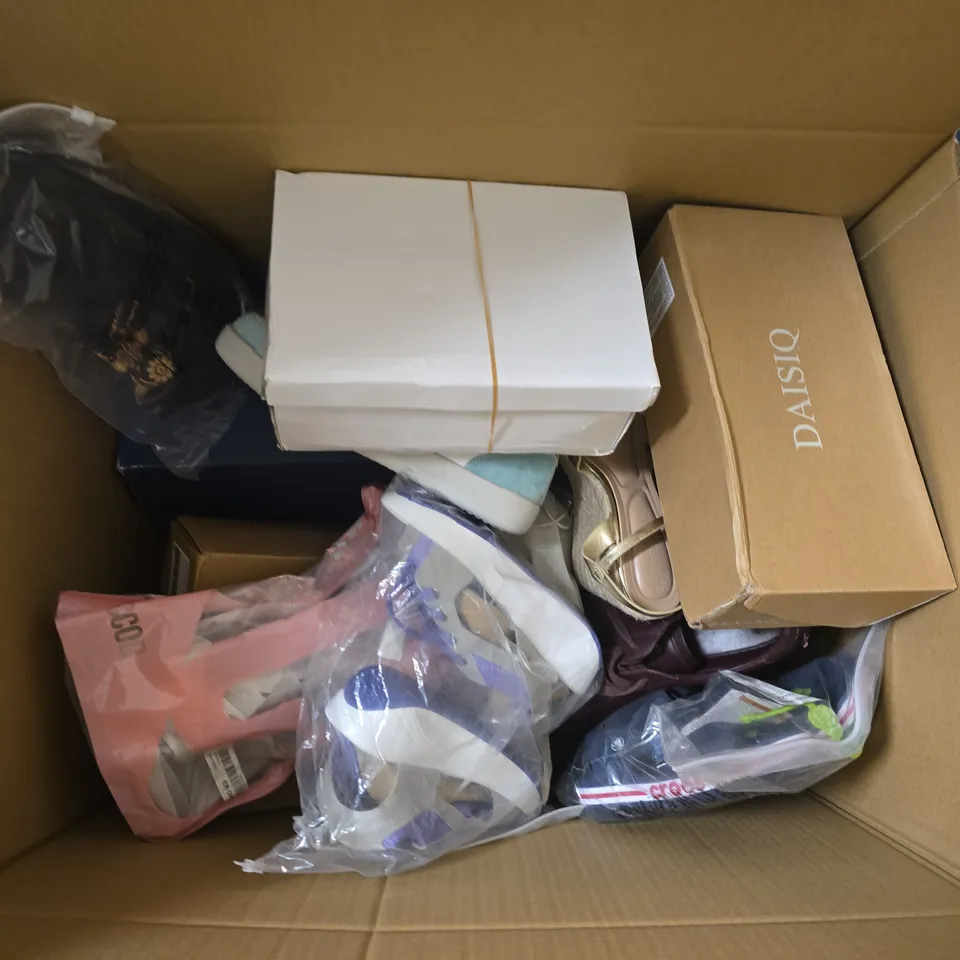 BOX OF APPROXIMATELY 12 PAIRS OF ASSORTED SHOES IN VARIOUS COLOUR, STYLES AND SIZES