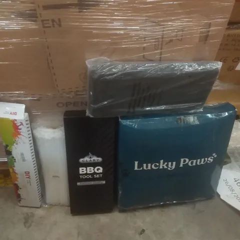 PALLET OF ASSORTED ITEMS INCLUDING BBQ TOOL SET, PAINTING BY NUMBERS, CABLE TIES