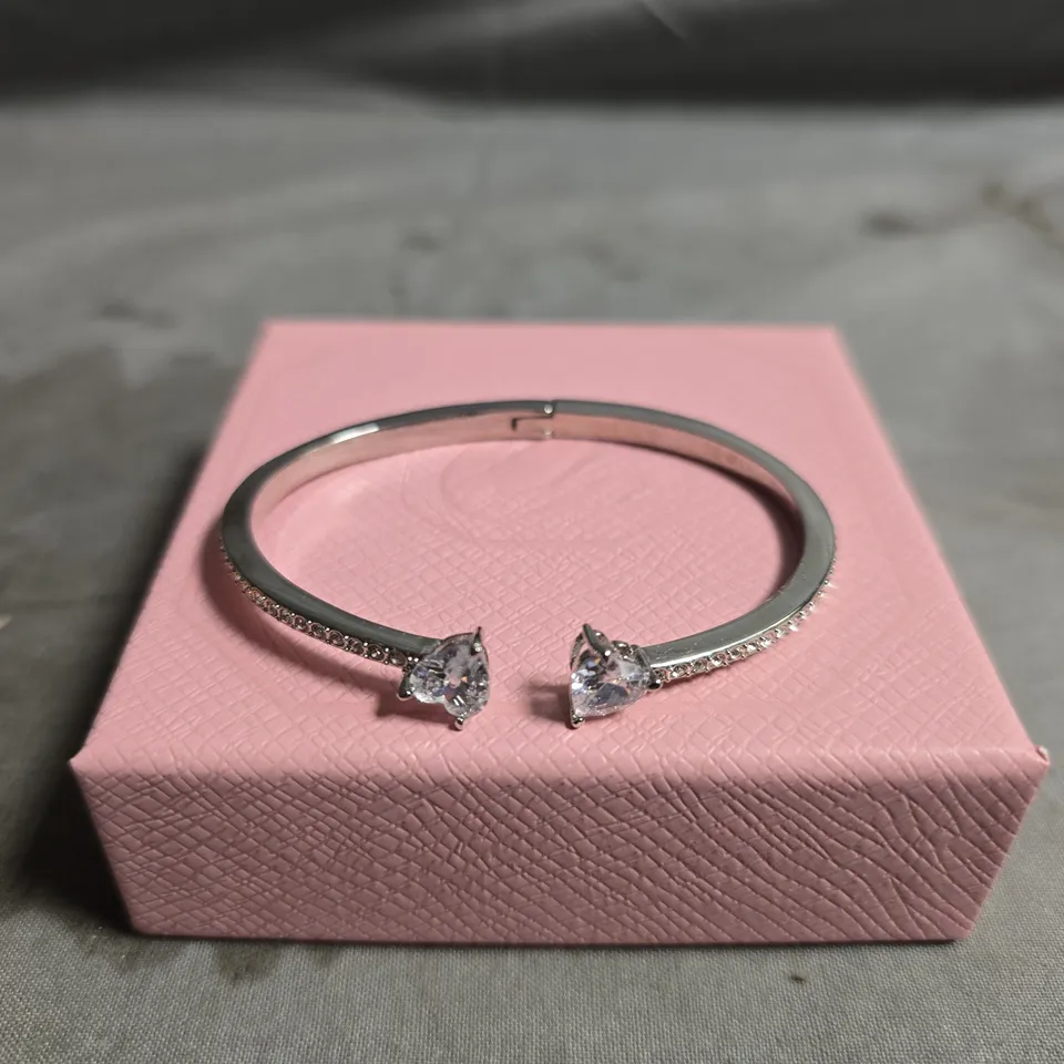 BOXED SWAROVSKI SILVER-TONE BRACELET WITH TWO END-SET STONES 