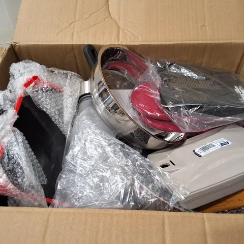 BOX CONTAINING ASSORTED PRODUCTS INCLUDING OVEN GLOVES, SMOKE ALARM, CANDLE LIGHTER & SAUCEPAN