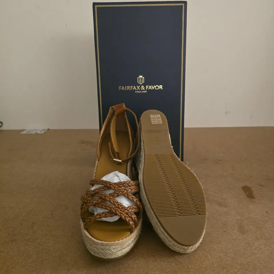 FAIRFAX & FAVOR ESPADRILLE WEDGE SANDALS – BROWN LEATHER STRAPS UK 7