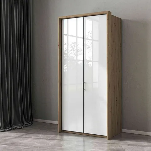 BRAND NEW BOXED BRUCE MIRRORED WARDROBE IN OAK EFFECT WHITE GLOSS FRONTS (3 BOXES)