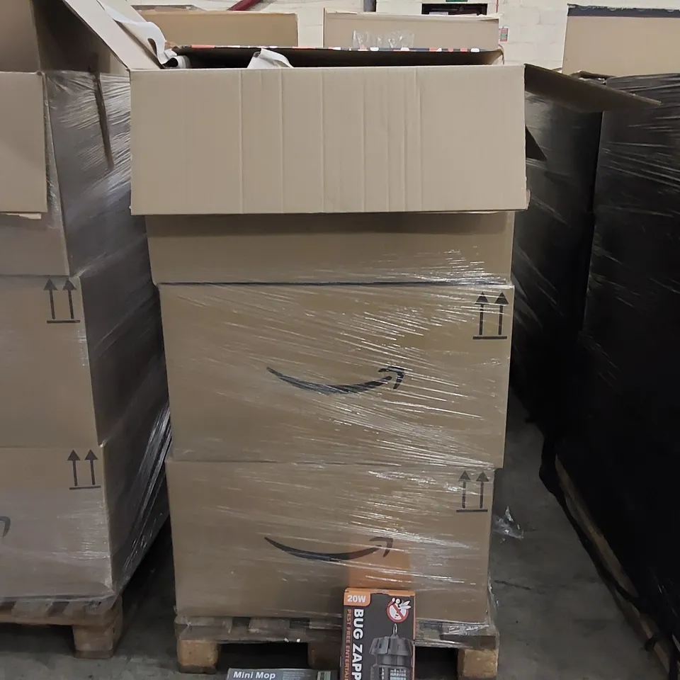 PALLET OF ASSORTED ITEMS INCLUDING: BUG ZAPPER, PADDED INSOLES, SHOWER SQUEEGEES, CERTIFICATE PAPER, MINI MOP, PHONE CASE, ACRYLIC MARKERS, BENTO BOX. PET GROOMING GLOVES