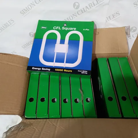 BOX OF APPROXIMATELY 10 BELL CFL SQUARE 4-PIN ENERGY SAVING LIGHT BULBS