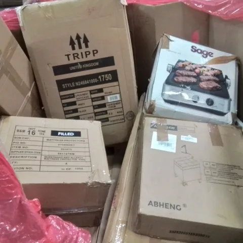 PALLET CONTAINING VARIOUS ASSORTED BOXED HOUSEHOLD ITEMS TO INCLUDE: FOOT STOOL, MATTRESS TOPPER, TRIPP SUITCASE, BBQ & PRESS GRILL AND LOTS MORE UNMARKED BOXED ITEMS 