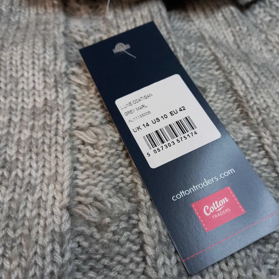 COTTON TRADER GREY MARL KNITTED CARDIGAN - SIZE 14
