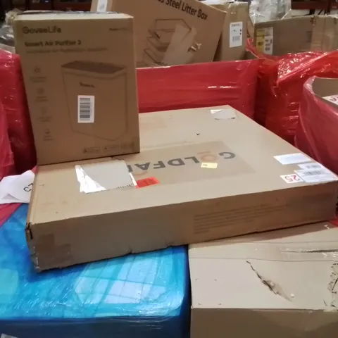 PALLET CONTAINING VARIOUS ASSORTED BOXED HOUSEHOLD ITEMS TO INCLUDE: SMART AIR PURIFIER, DINING TABLE, FOLD OUT FOAM BED AND LOTS MORE UNMARKED BOXED ITEMS