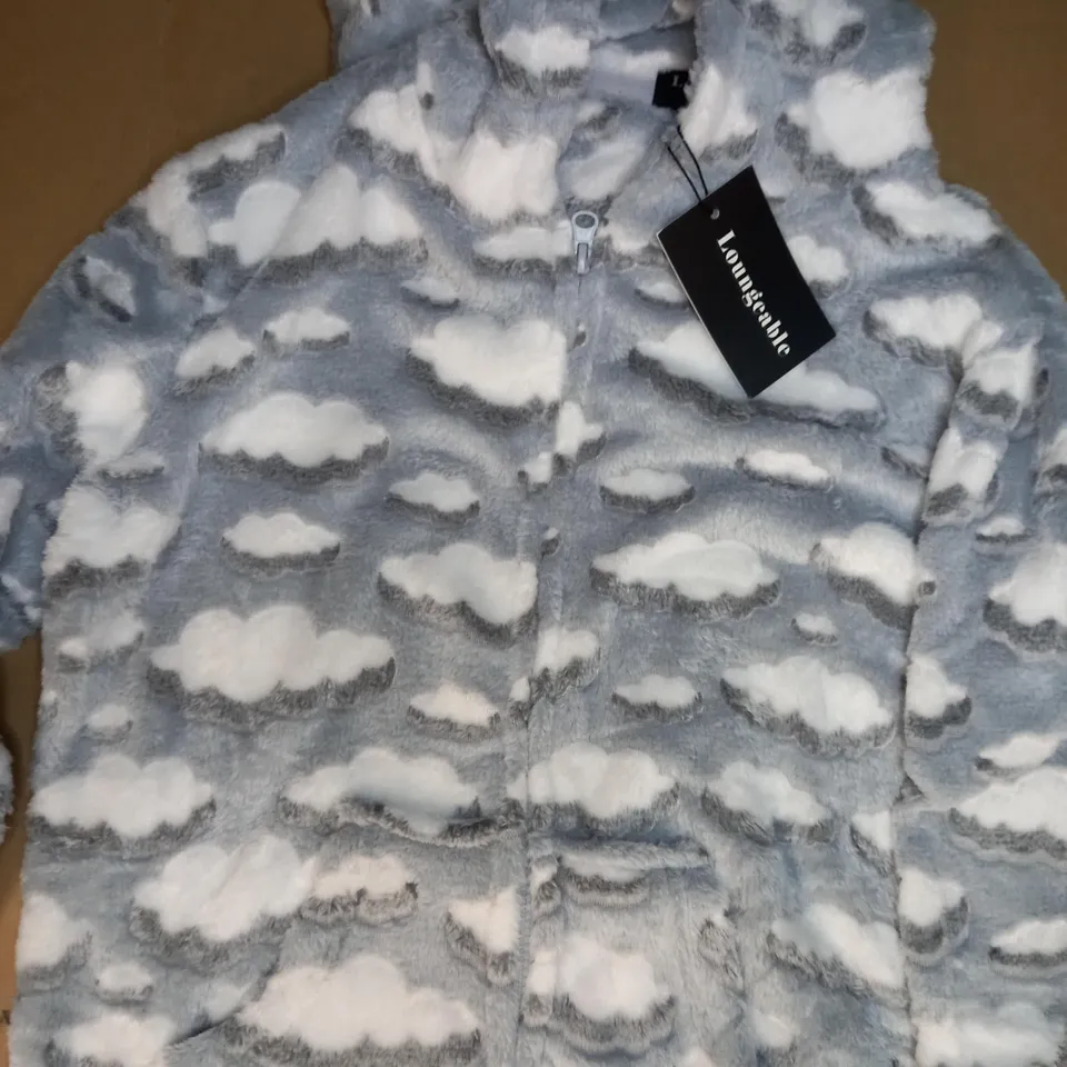 LOUNGEABLE ULTRA PLUSH ONESIE IN GREY/WHITE W. CLOUD DESIGN SIZE M
