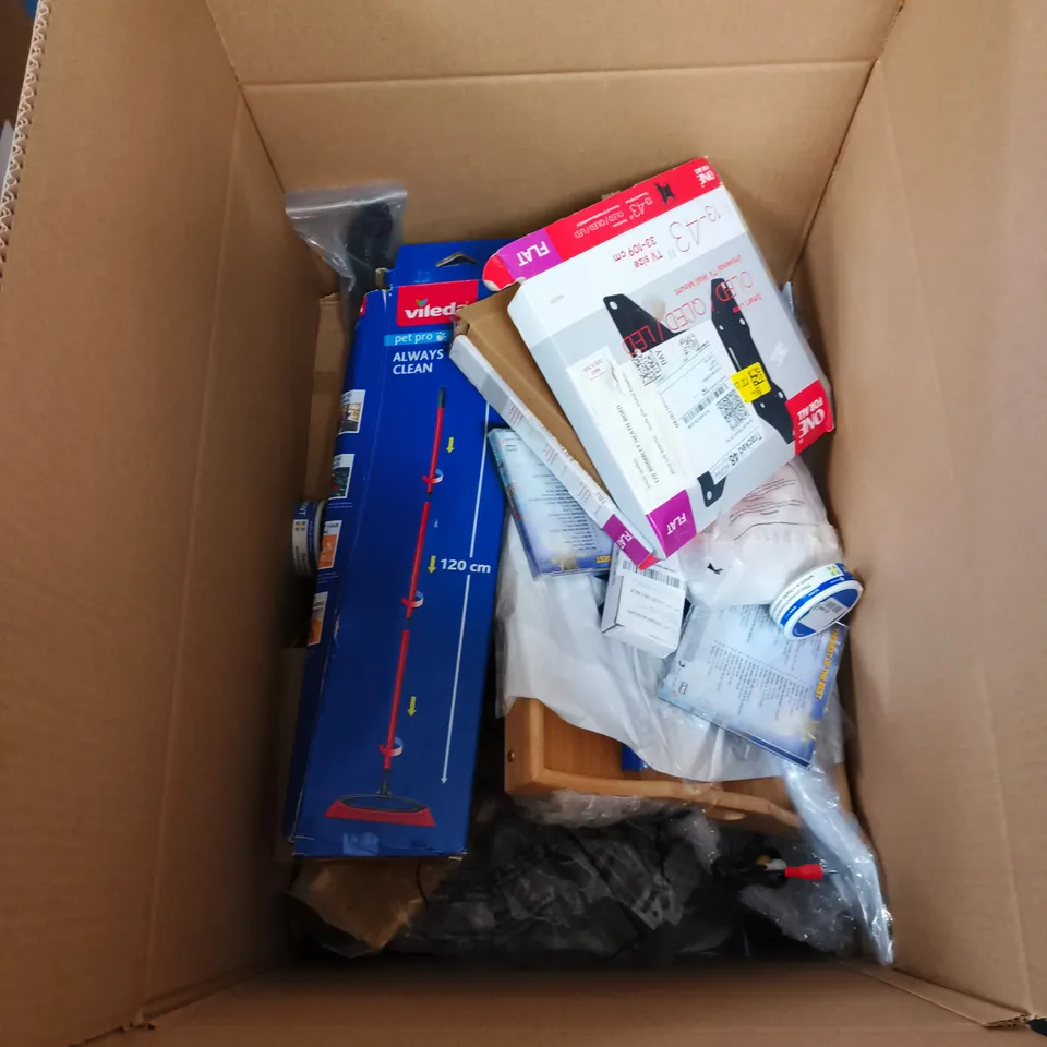 BOX OF APPROXIMATELY 12 ASSORETED ITEMS INCLUDING VILEDA PET PRO MOP , TV WALL MOUNT AND THE PINK STUFF MIRACLE CLEANING PASTE 