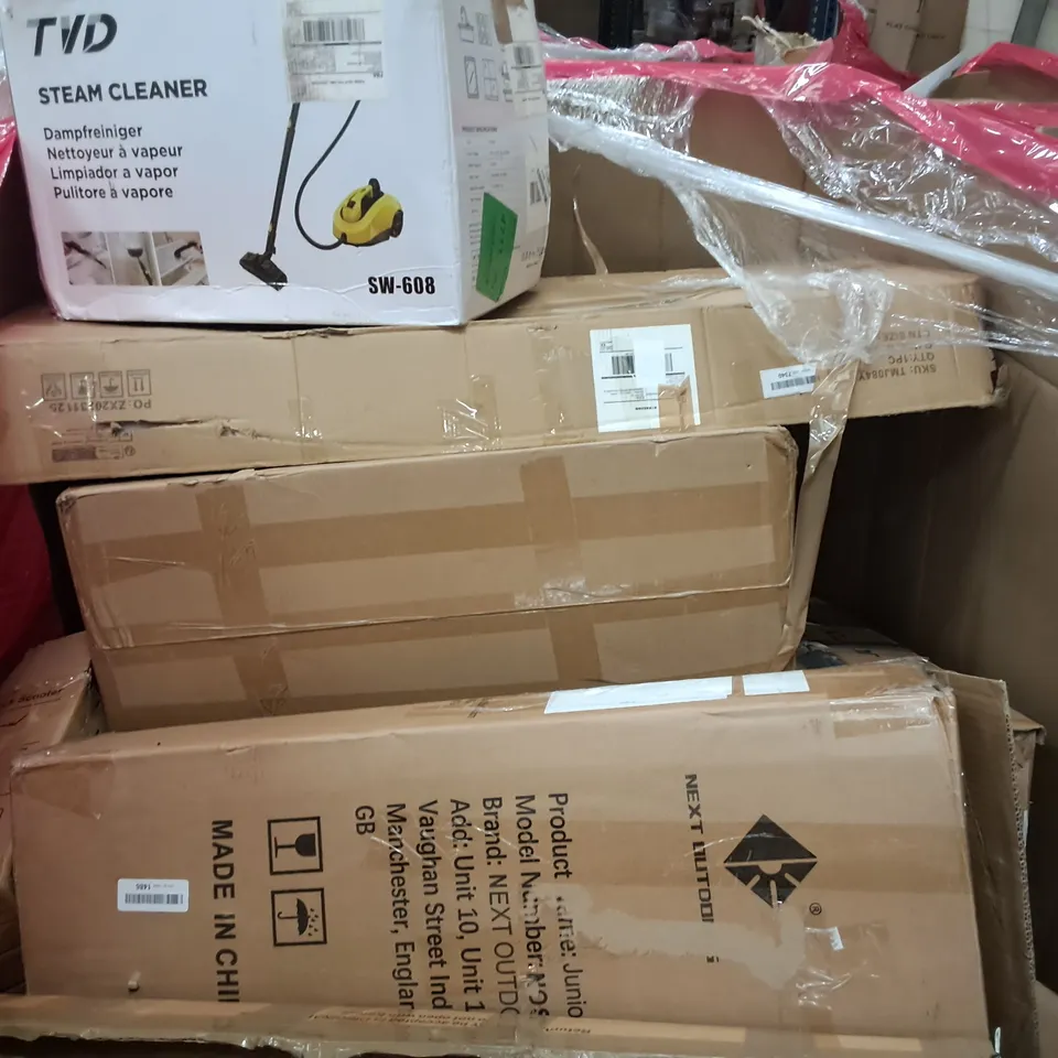 PALLET OF ASSORTED HOUSEHOLD ITEMS TO INCLUDE FULL LENGTH MIRROR, STEAM CLEANER AND TRAMPOLINE WITH HAND BAR
