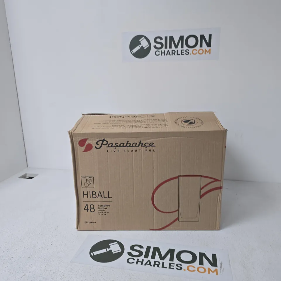 BOX OF APPROXIMATELY 48 X PASABAHCE HIBALL HIGHBALL GLASS – CLEAR, BOXED