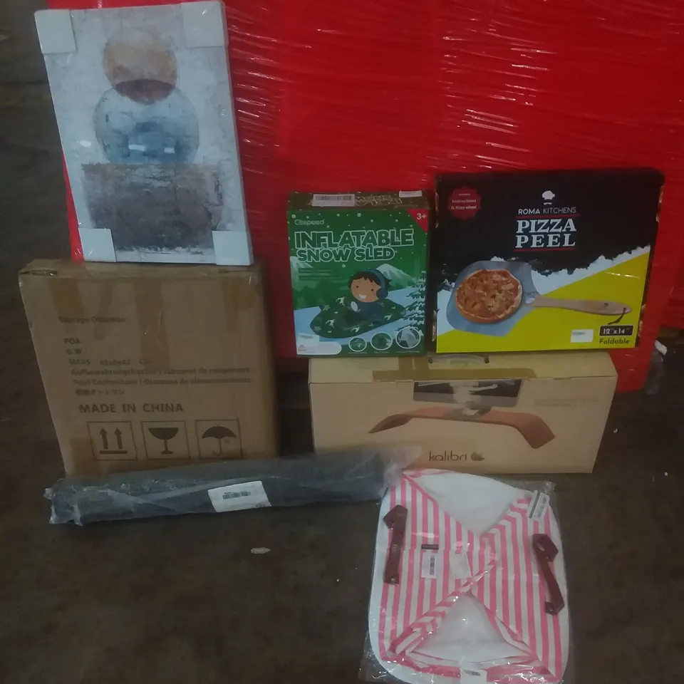 PALLET OF ASSORTED ITEMS INCLUDING PIZZA PEEL, KALIBRI COMPUTER STAND, INFLATABLE SNOW SLED, WASHING BASKET