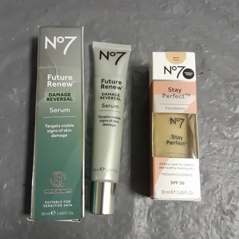 NO7 LOT OF 2 PRODUCTS TO INCLUDE - FUTURE RENEW DAMAGE REVERSAL SERUM 50ML - STAY PERFECT FOUNDATION IN WARM IVORY 30ML