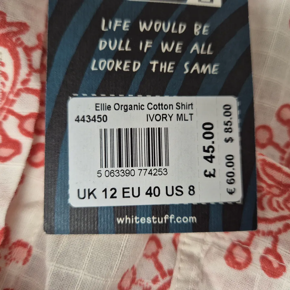 WHITE STUFF ELLIE ORGANIC COTTON SHIRT – IVORY MULTI, UK 12 (EU 40, US 8)