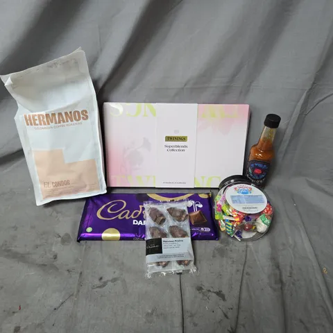 APPROXIMATELY 12 ASSORTED ITEMS OF FOOD AND DRINK INCLUDING TWININGS SUPERBLEND COLLECTION, DAIRY MILK 360G, HERMANOS EL CONDOR COFFEE AND SATANS GRAVY KARYO SAUCE