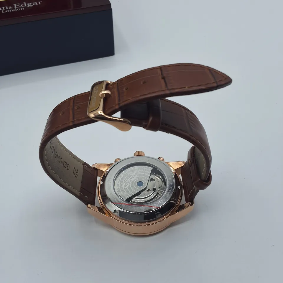 BOXED SWAN & EDGAR WHITE DIAL AUTOMATIC MOONPHASE WATCH WITH BROWN LEATHER STRAP