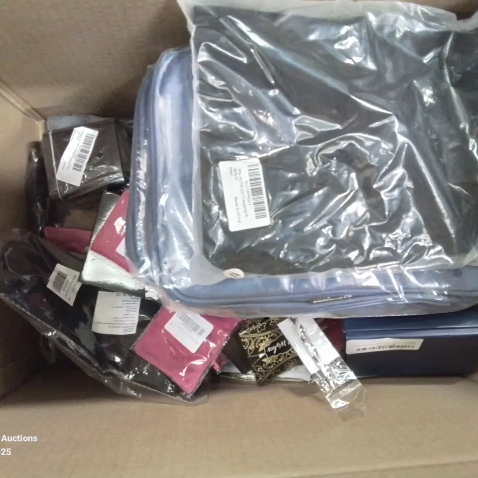 BOX CONTAINING LARGE QUANTITY OF MIXED EVERYDAY HOUSEHOLD ITEMS ETC. TO INCLUDE: SOCKS, BAGS, BRACES, CARD CASE, VARIOUS JEWELLERY SETS AND LOTS MORE 