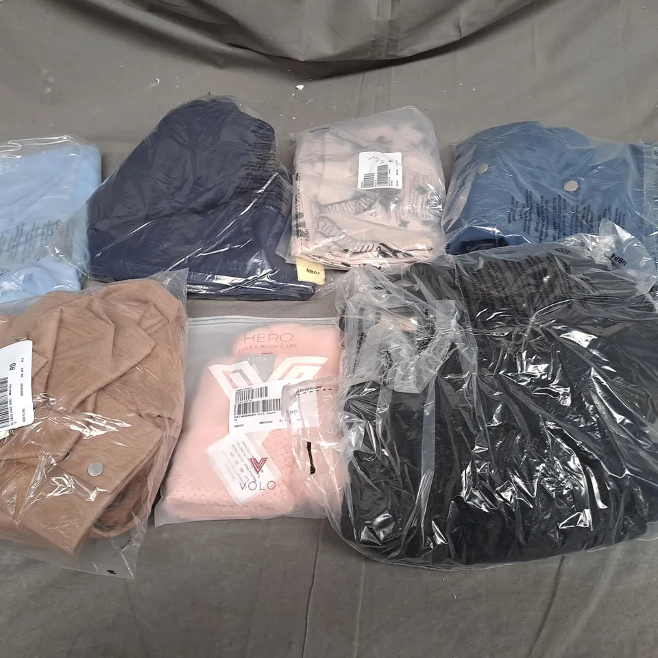 BOX OF ASSORTED CLOTHING ITEMS TOO INCLUDE COATS , TOPS, AND TROUSERS   ETC. 