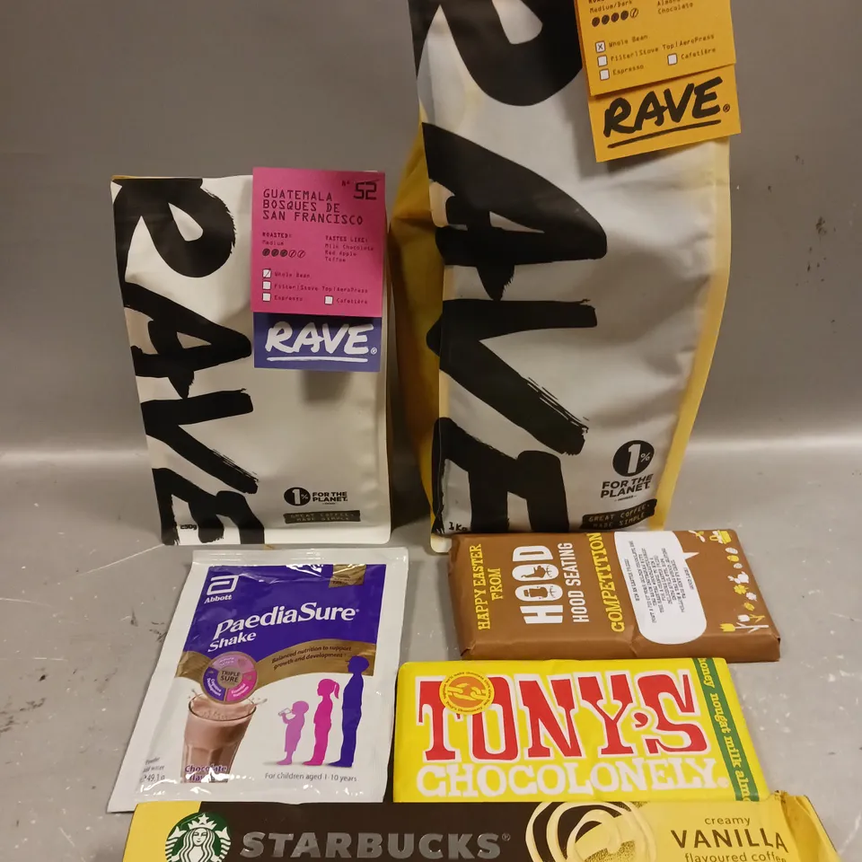 APPROXIMATELY 10 ASSORTED FOOD/DRINK PRODUCTS TO INCLUDE RAVE COFFEE, TONY'S CHOCOLATE, STARBUCKS COFFEE PODS ETC