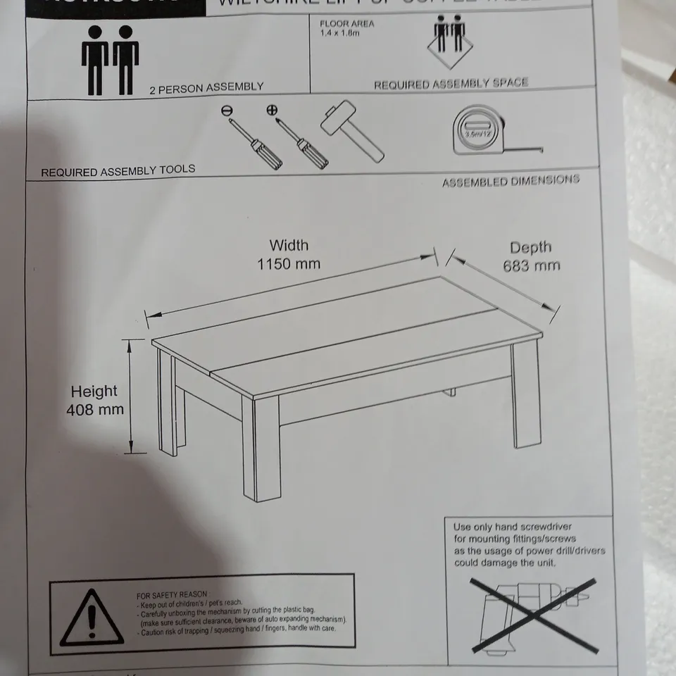 WILTSHIRE LIFT UP COFFEE TABLE RRP £149.99