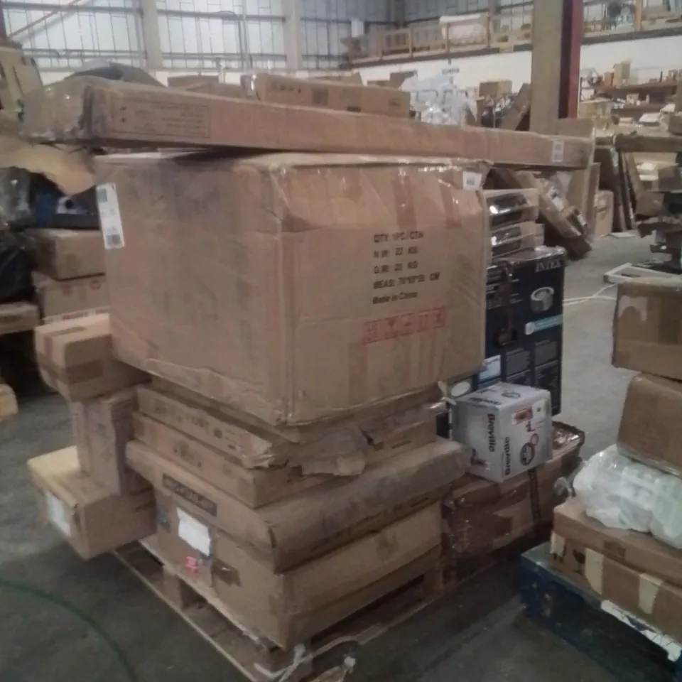 PALLET TO CONTAIN NEO PRODUCTS AND OTHER ASSORTED HOUSEHOLD GOODS TO INCLUDE;GREY WOOD DELUXE PORTABLE SPA,AIR COOLER,DECK CHAIRS,MIRROR,4FT TABLE