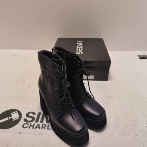 SEDAI BLACK PU LEATHER-LOOK LACE-UP BOOTS, UK 4 (EU 37) β CHUNKY PLATFORM HEEL