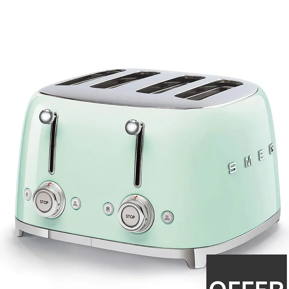SMEG JUG KETTLE WITH ACOUSTIC ALARM & 4 SLICE TOASTER, PASTEL GREEN UNBOXED