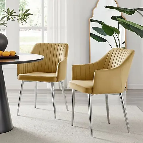 BOXED 2X CALLA YELLOW VELVET DINING CHAIRS WITH SILVER CHROME LEGS 