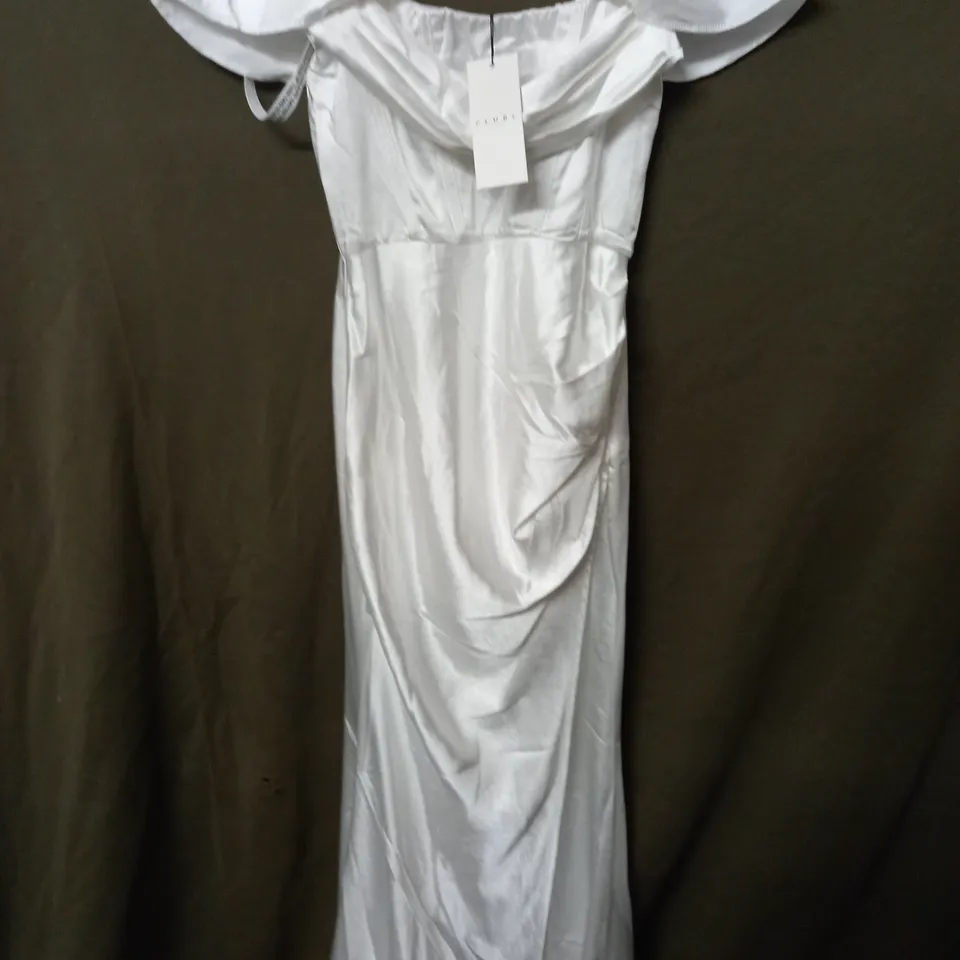 CLUB OF LONDON WHITE BARDOT FISHTAIL SATIN MAXI DRESS - UK 6