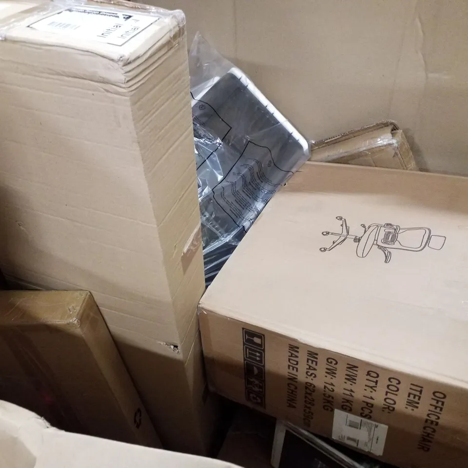 PALLET OF ASSORTED PRODUCTS INCLUDING PARASOL BASE, DEHUMIDIFIER, ELECTRIC BBQ, OFFICE CHAIR