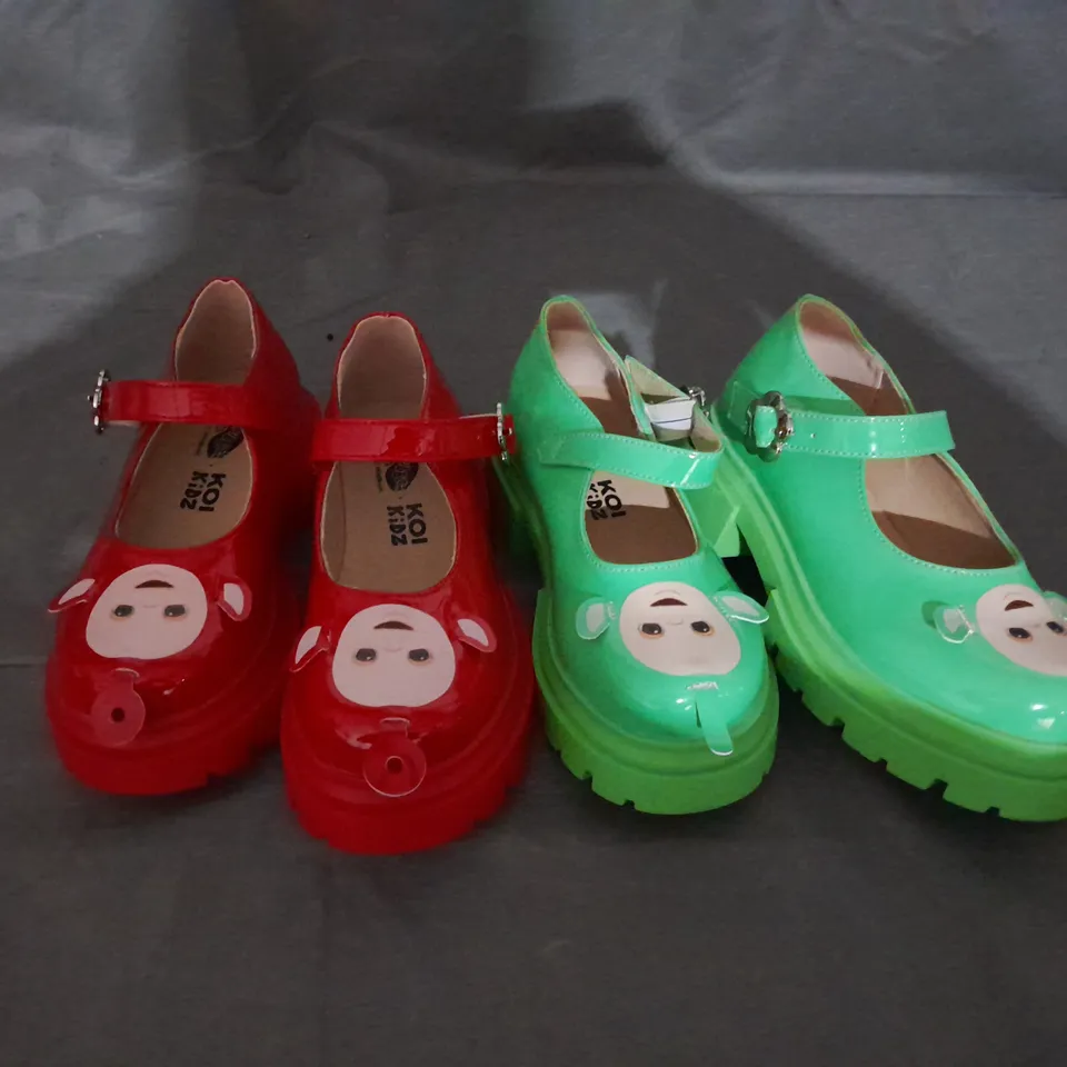 4 PAIRS OF KOI KIDZ TELETUBBIES MARY JANES IN YELLOW, GREEN, RED, PURPLE SIZE 31