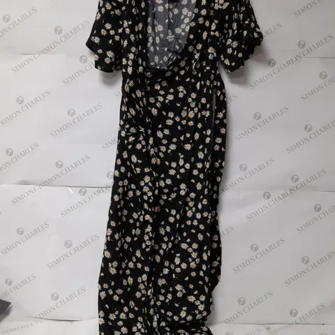 DOROTHY PERKINS BLACK DAISY WRAP MIDI DRESS - SIZE 8