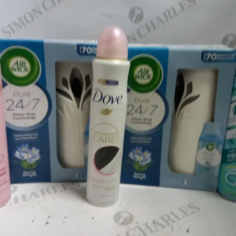 BOX OF APPROX 10 ASSORTED AEROSOLS INCLUDING AIR WICK AIR FRESHENERS, LEE STAFFORD MOUSSE, BATISTE DRY SHAMPOO - COLLECTION ONLY