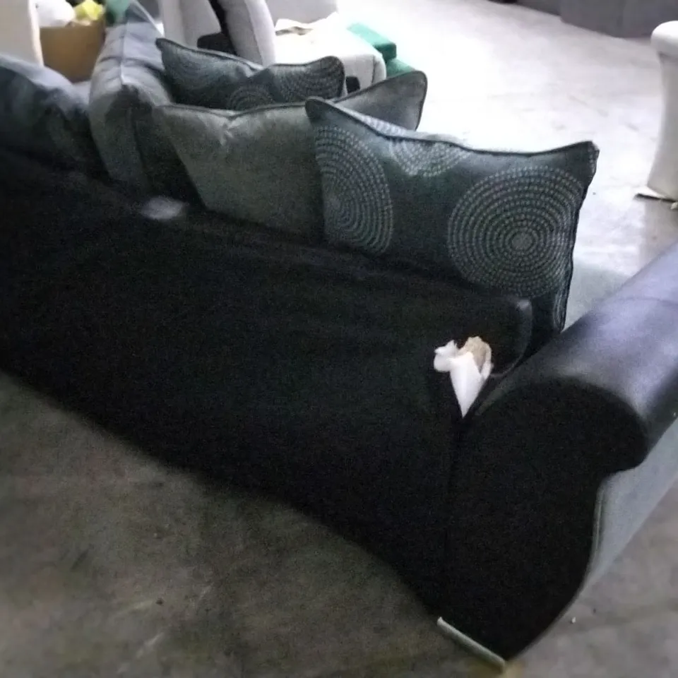 DESIGNER DANUBE GREY FABRIC AND BLACK SUEDE EFFECT THREE SEATER SOFA