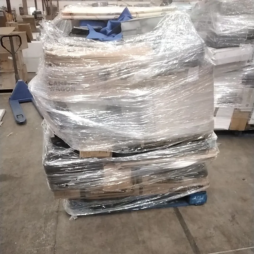 PALLET CONTAINING A LARGE QUANTITY OF ASSORTED HOUSEHOLD GOODS WHICH INCLUDE; PARASOL BASES, CAMPING WAGON, BOOSTER SEAT, FOLDING CHAIRS ETC