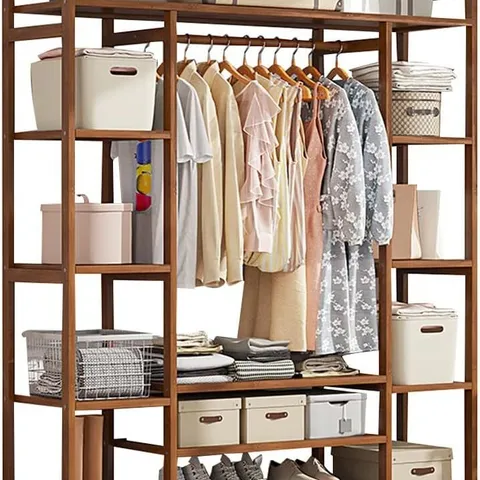 BOXED CLOTHES HANGING RACK, FREE STANDING COAT STAND, BEDROOM HANGING RAIL WITH SHOE STORAGE SHELF, STURDY DURABLE, FOR SHIRTS BAGS SCARVES
